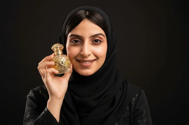 Arab Woman in Hijab Holding Gold Perfume Bottle