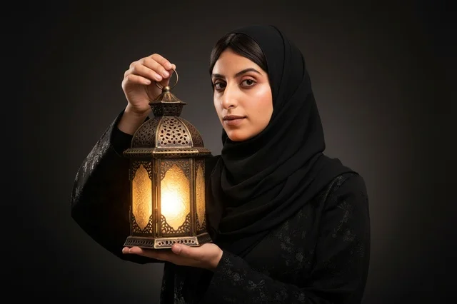 An Arab woman holding a lit Ramadan lantern in a closed studio.