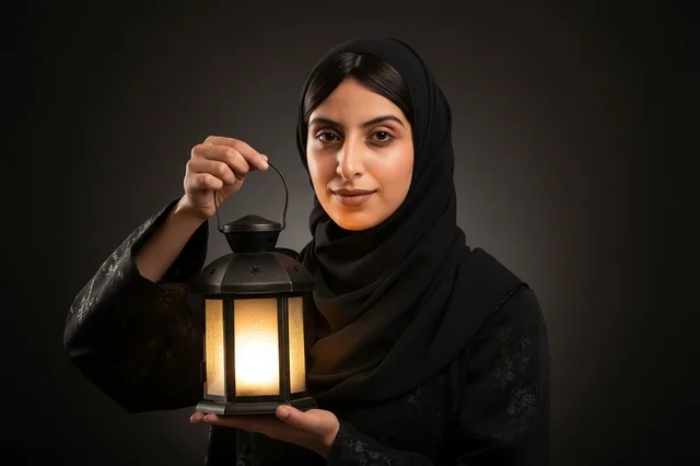 Arab Woman Holding Glowing Ramadan Lantern Studio Shot
