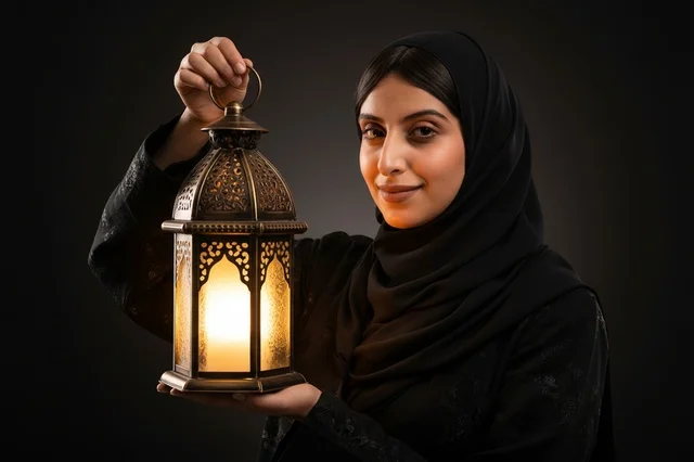 امرأة عربية تحمل فانوس رمضان مضيء