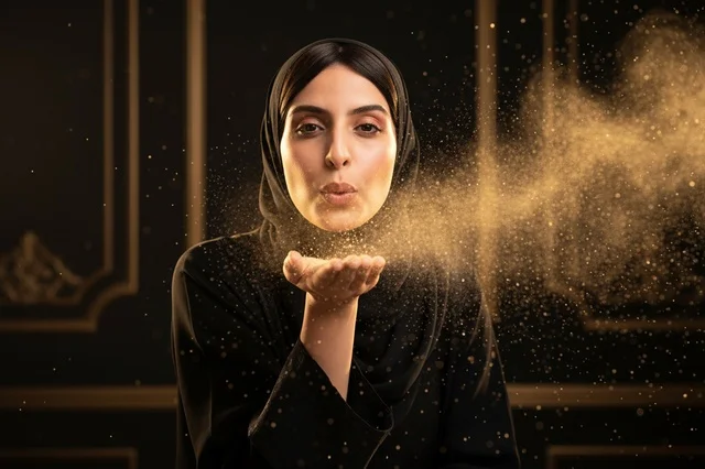 امرأة عربية بالعباءة تنفخ الغبار الذهبي اللامع