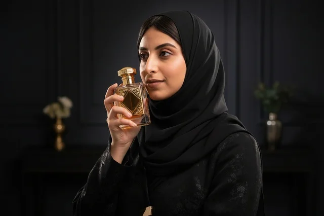 Arab Woman in Hijab Smelling Luxury Perfume Bottle