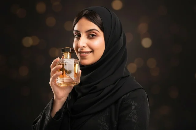 امرأة عربية بالحجاب الأسود تحمل زجاجة عطر فاخرة