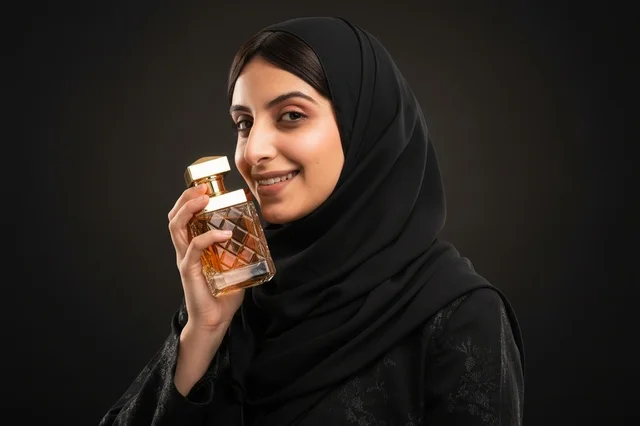 امرأة سعودية مبتسمة تحمل زجاجة عطر فاخرة في الاستوديو
