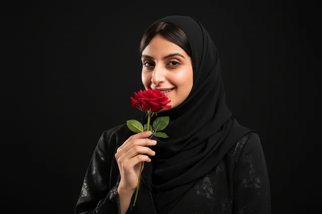 Arab Woman in Black Hijab Holding Red Rose on Black
