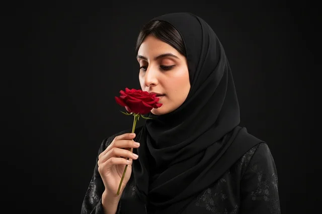 امرأة سعودية بالحجاب تمسك وردة حمراء على خلفية سوداء