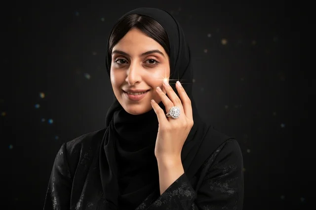 امرأة عربية ترتدي الحجاب والعباءة وخاتم ألماس فاخر