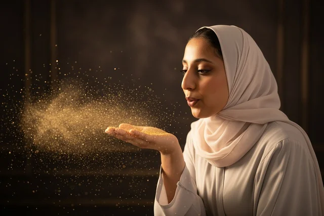 Arab Woman in Hijab Blowing Golden Glitter in Studio