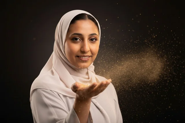 امرأة عربية بالحجاب الأبيض مع بريق ذهبي متطاير