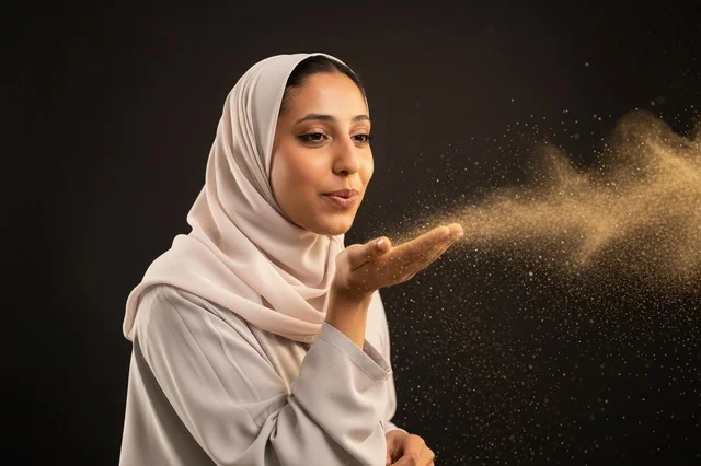امرأة عربية بالحجاب تنفخ بريقاً ذهبياً بخلفية سوداء