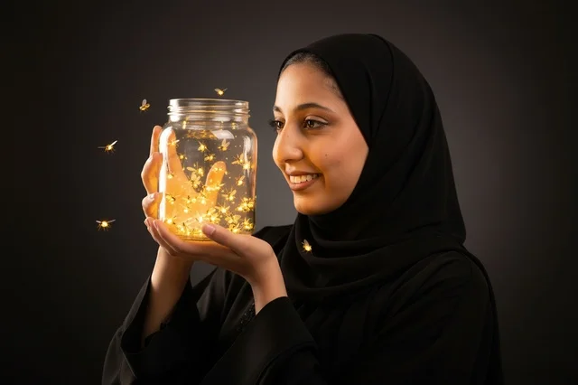 امرأة عربية ترتدي الحجاب والعباءة تمسك جرة مضيئة
