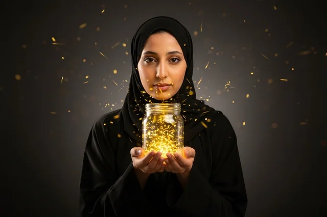 امرأة عربية تحمل جرة مضيئة بالضوء الذهبي