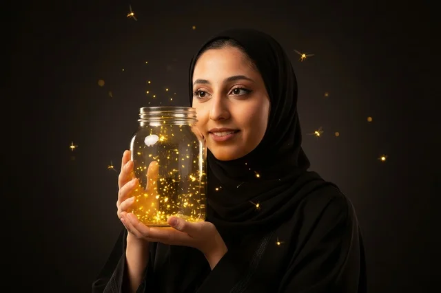 امرأة عربية تحمل جرة أضواء متوهجة في استوديو مظلم
