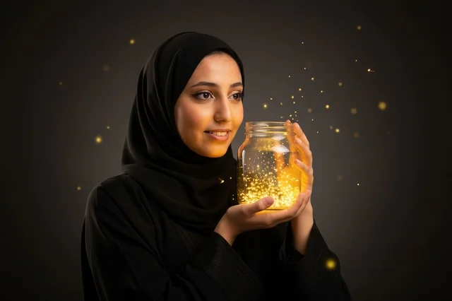 Arab Woman in Hijab Holding Glowing Glass Jar of Light