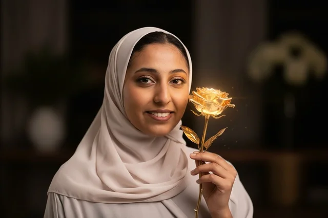 Arab Woman Wearing Hijab Holding Glowing Golden Rose