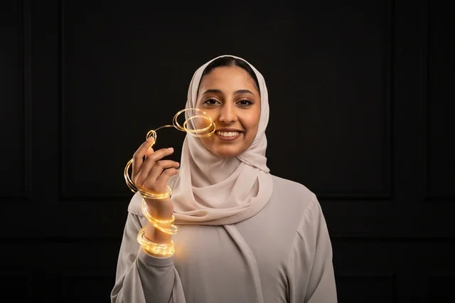 Smiling Arab Woman in Hijab Holding Glowing LED Lights