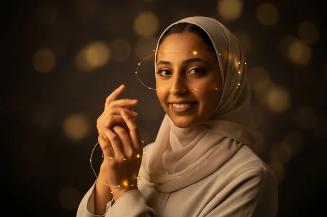 Smiling Arab Woman in Hijab with Warm Fairy Lights