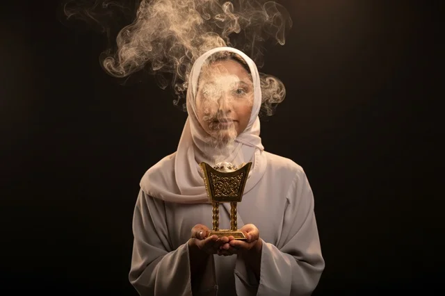 Arab Woman Holding Golden Incense Burner with Smoke