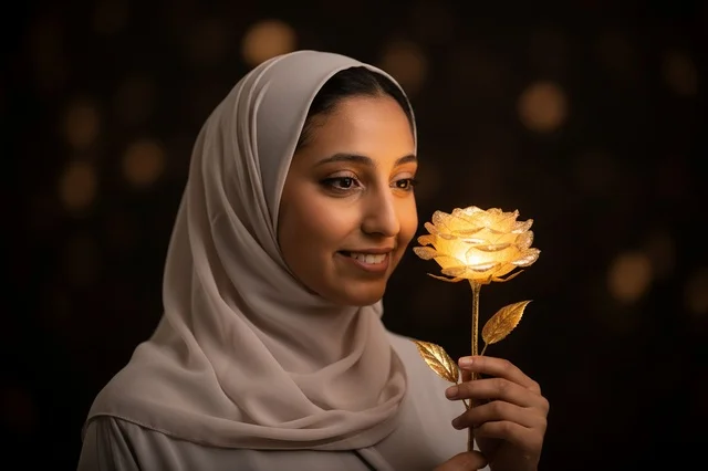 امرأة عربية ترتدي حجاباً بيج وتحمل وردة ذهبية مضيئة