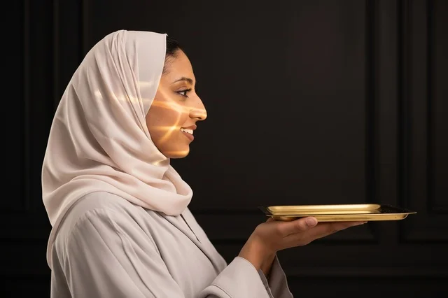 امرأة عربية محجبة تحمل منشور زجاجي مع انعكاس الضوء الملون