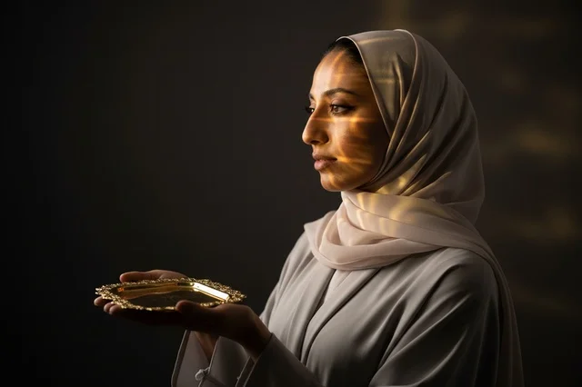 امرأة عربية بالحجاب تحمل صينية ذهبية بإضاءة درامية