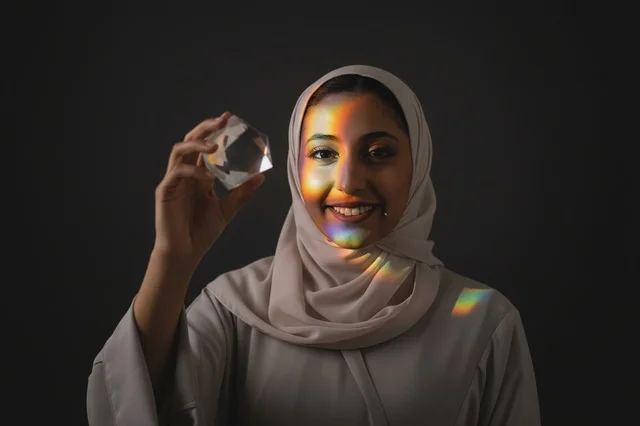 امرأة عربية محجبة تحمل منشور زجاجي مع انعكاس الضوء الملون