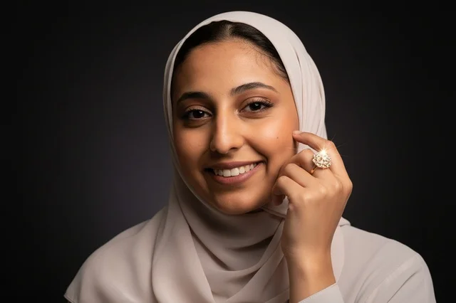 امرأة عربية محجبة تحمل منشور زجاجي مع انعكاس الضوء الملون