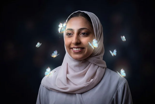 Portrait of an Arab woman in a hijab with glowing butterflies.