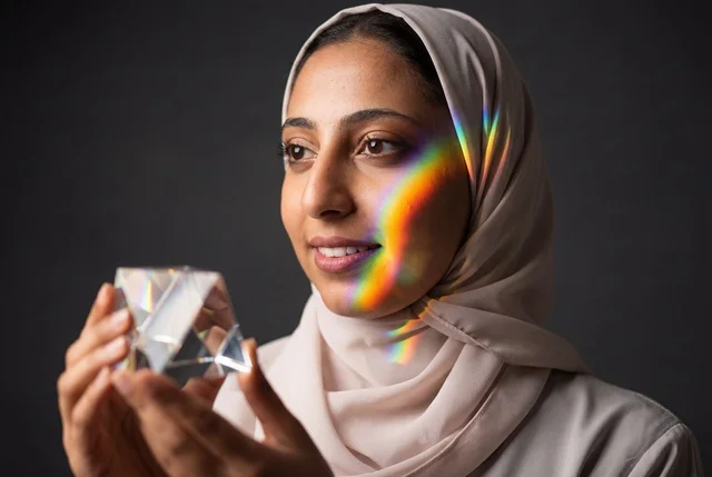 امرأة عربية محجبة تحمل منشور زجاجي مع انعكاس الضوء الملون