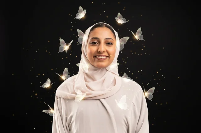 Smiling Arab Woman in Hijab with Glowing Butterflies Smiling Arab Woman in Hijab with Glowing Butterflies