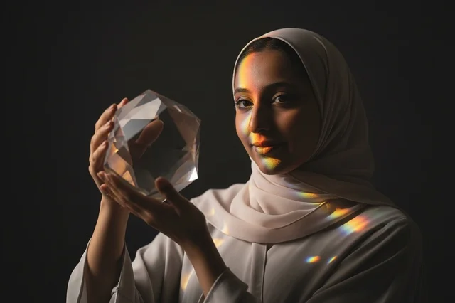 Arab Woman in Hijab Holding Crystal Prism with Rainbow Light
