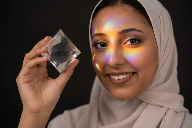 امرأة عربية محجبة تحمل منشور زجاجي مع انعكاس الضوء الملون