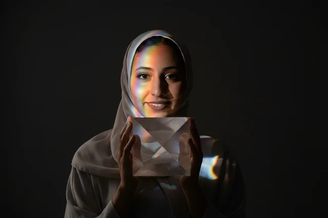 Arab Woman with Glass Prism and Rainbow Light Portrait