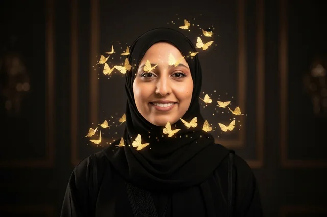 Arab Woman in Hijab with Glowing Golden Butterflies