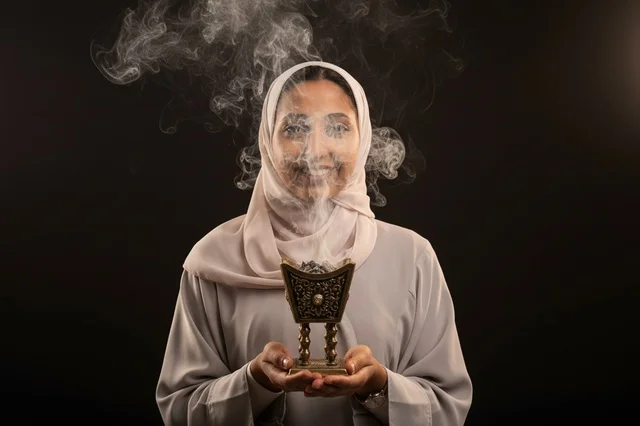Saudi Woman Holding Traditional Arabian Incense Burner