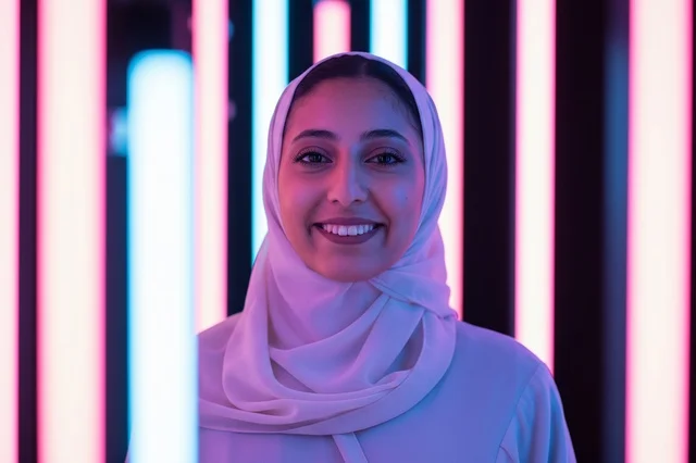 صورة بورتريه لامرأة عربية مبتسمة بإضاءة نيون ملونة
