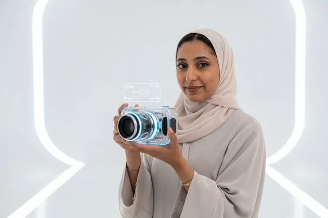 Arab Woman Holding Futuristic Holographic Camera in Studio