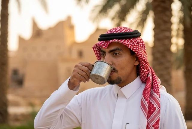 رجل سعودي بالزي التقليدي يشرب في موقع تراثي تاريخي