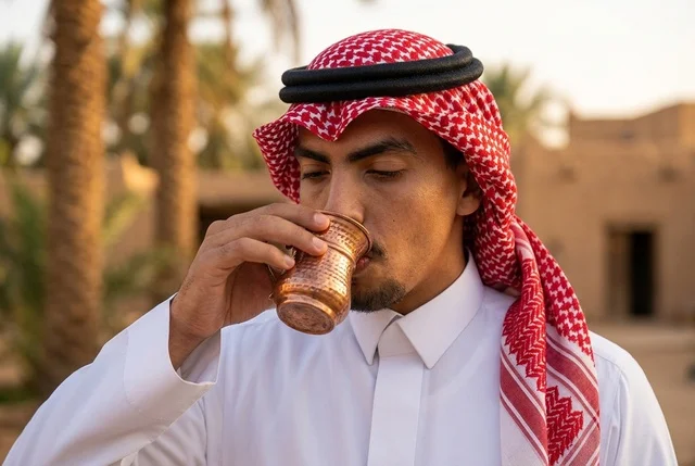 رجل سعودي بالزي التقليدي يشرب في موقع تراثي تاريخي