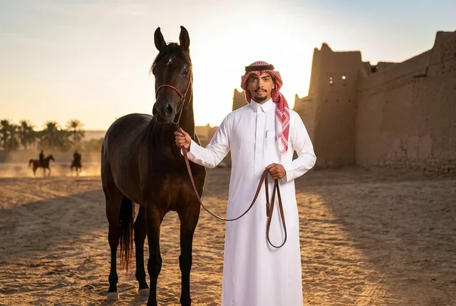 رجل سعودي مع حصان عربي عند قلعة تراثية وقت الغروب
