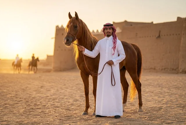 رجل سعودي مع حصان عربي عند قلعة تراثية وقت الغروب