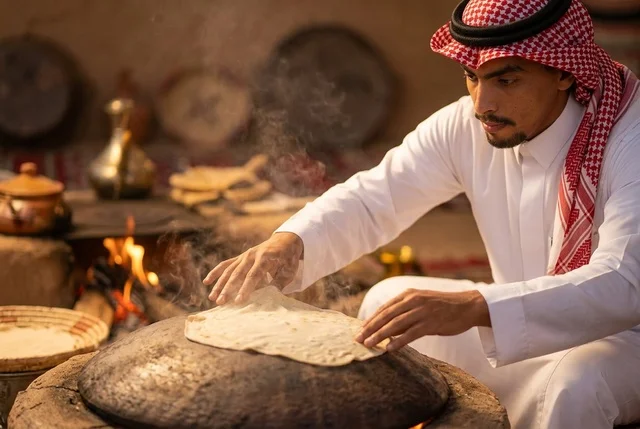 رجل سعودي يخبز الخبز التقليدي على النار
