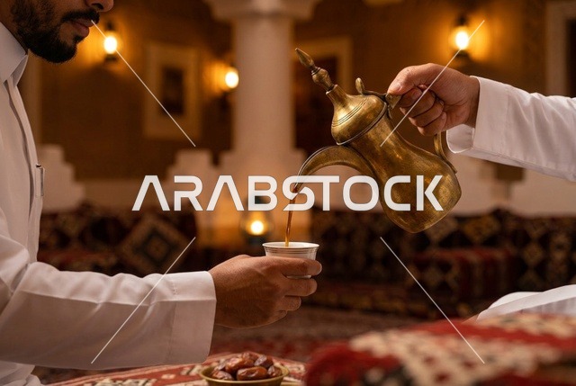 رجل سعودي يصب القهوة العربية بجانب شبة النار في المجلس