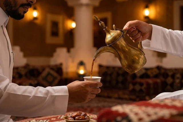 رجل سعودي يصب القهوة العربية بجانب شبة النار في المجلس