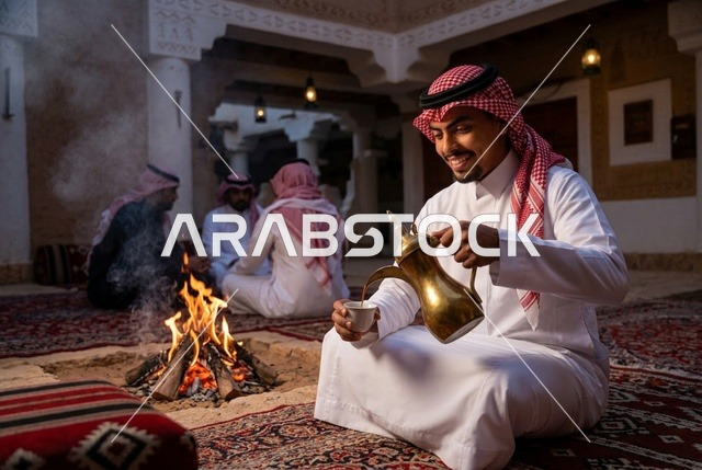 رجل سعودي يصب القهوة العربية بجانب شبة النار في المجلس
