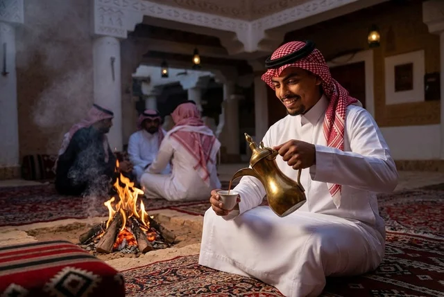 رجل سعودي يصب القهوة العربية بجانب شبة النار في المجلس
