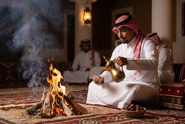 رجل سعودي يصب القهوة العربية بجانب شبة النار في المجلس