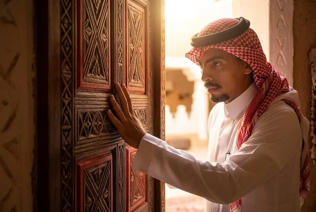 رجل سعودي بالزي التقليدي أمام باب خشبي تراثي قديم