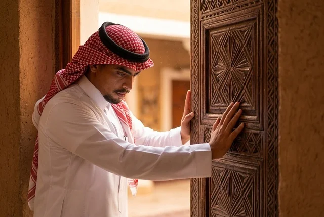 رجل سعودي بالزي التقليدي أمام باب خشبي تراثي قديم