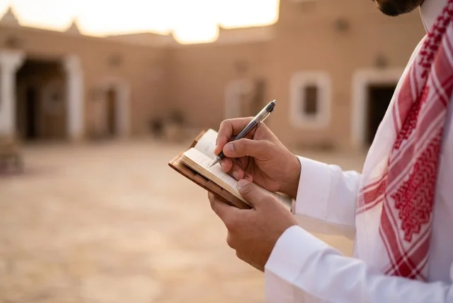 رجل سعودي يكتب في دفتر ملاحظات بموقع تراثي